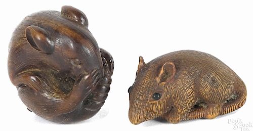 Two Japanese carved wood rat netsukes