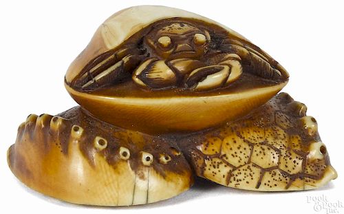 Japanese carved ivory crab and abalone netsuke