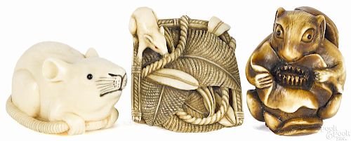 Three Japanese carved ivory animal netsukes, 19th