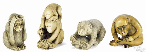 Four Japanese carved ivory monkey netsukes, 19th