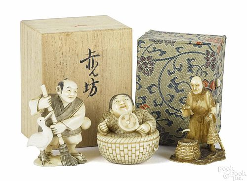 Three Japanese carved ivory netsukes, 19th c., s