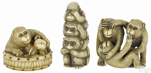Three Japanese carved ivory monkey netsukes, 19th