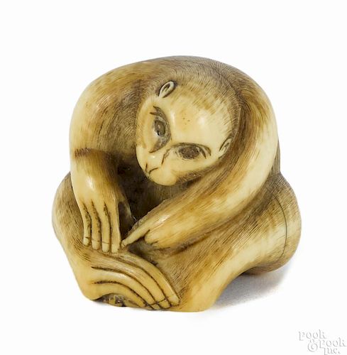 Japanese carved ivory monkey netsuke, 19th c., s