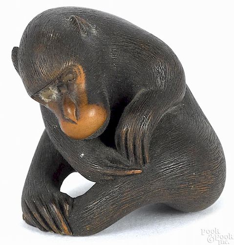 Japanese carved wood seated monkey netsuke, 19th