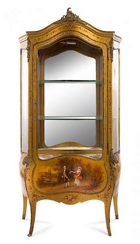* A Louis XV Style Gilt Bronze Mounted Vernis Martin Vitrine Height 74 1/8 x width 37 1/2 x depth 18 inches.