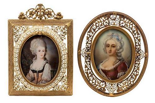 * Two Continental Portrait Miniatures Larger example 3 3/8 x 2 1/2 inches.