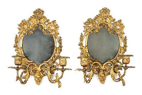 * A Pair of Rococo Style Gilt Metal Sconces Height 12 inches.