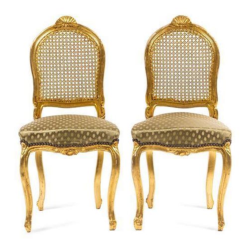 A Pair of Louis XV Style Giltwood Side Chairs Height 35 5/8 inches.