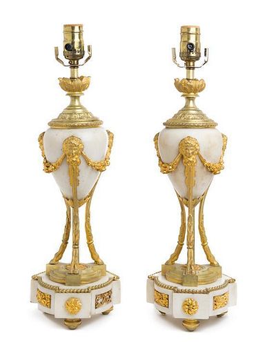 A Pair of Louis XVI Style Marble and Gilt Bronze Cassolettes Height 13 3/4 inches.