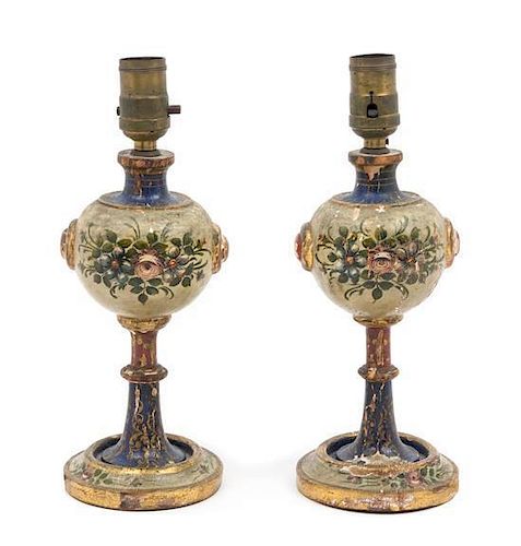 A Pair of Painted Wood Lamps Height 11 7/8 inches.