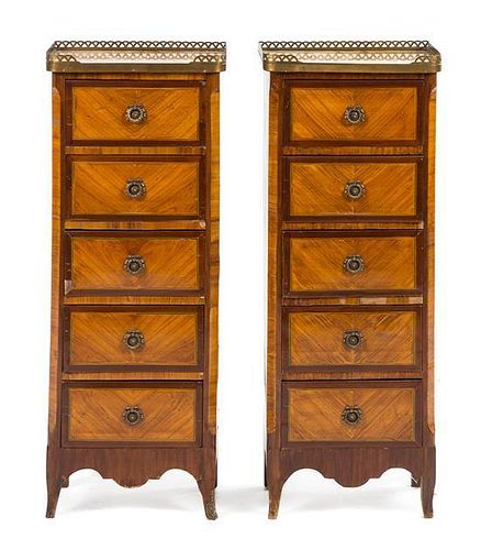 A Pair of Transitional Style Gilt Bronze Mounted Tall Chests of Drawers Height 36 x width 14 x depth 9 inches.