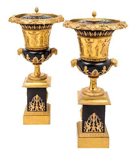 A Pair of Empire Style Gilt and Patinated Bronze Brule-Parfums Height 26 1/2 inches.