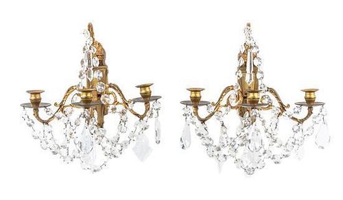 * A Pair of Continental Gilt Bronze Three-Light Sconces Height 9 3/4 inches.