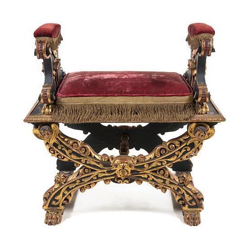 An Italian Renaissance Revival Painted and Parcel Gilt Bench