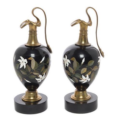 A Pair of Continental Pietra Dura Ewers Height 9 1/4 inches.