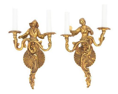 * A Pair of Gilt Bronze Two-Light Figural Sconces Height 16 inches.
