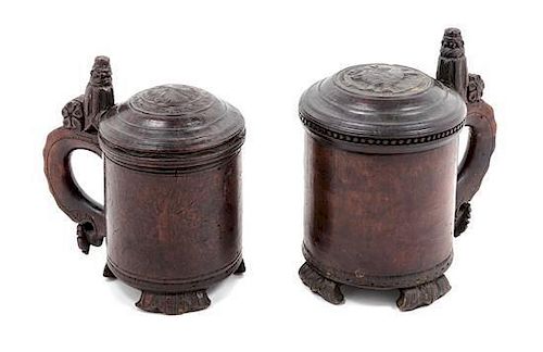 Two Norwegian Carved Peg Tankards Height of taller 8 inches.