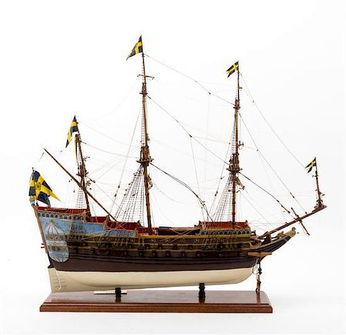 A Wood Model of a Gustavian Galleon Height 24 x width 25 1/2 inches.