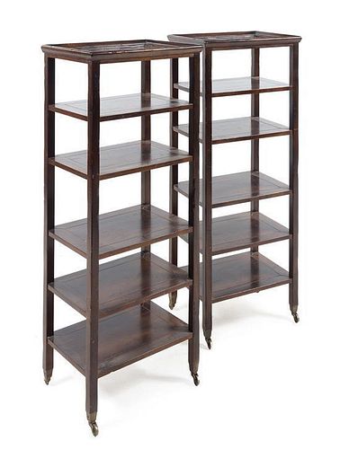 * A Pair of Hardwood Six-Tier Etageres Height 50 1/2 x width 19 1/2 x depth 14 1/2 inches.