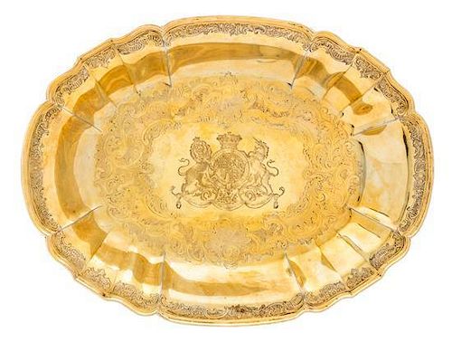 * A Belgian Silver-Gilt Serving Dish of English Ducal Interest, Maker's Mark GV, Liege, 18th Century, of oval form, the undul