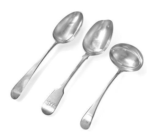 Three George III Silver Spoons, Hester Bateman, London, 1784 and others, the Old English form table spoon together with a Fid