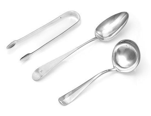 A Group of Three English Silver Flatware Articles, Various Makers, comprising a George III table spoon, London, 1803; a sauce