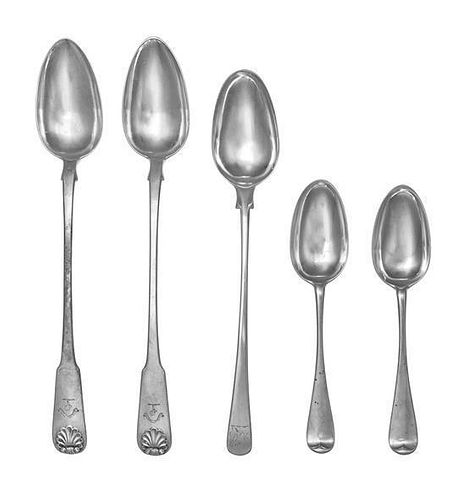 A Group of Five Georgian Silver Serving Spoons, Various Makers, comprising a George III serving spoon with an Old English han
