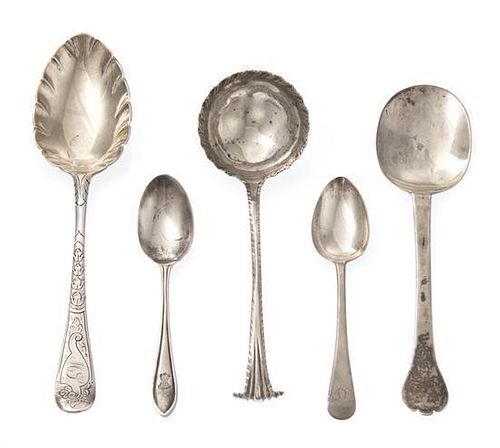 * A Collection of Georgian Silver Spoons, Various Makers, comprising two trefid form table spoons; a Hanoverian table spoon; 