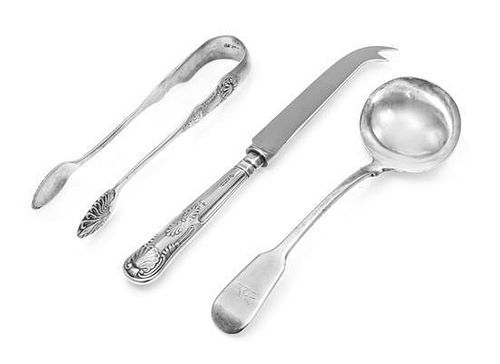 A Group of Three English Silver Serving Articles, Various Makers, comprising a George IV silver sauce ladle, William Chawner