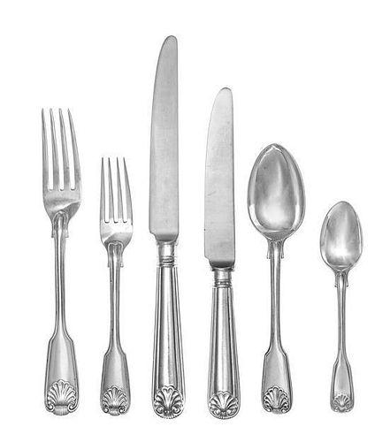 * A Victorian Silver Flatware Service, Various Makers, Shell, Fiddle and Thread pattern, comprising: 12 dinner knives 12 lunc