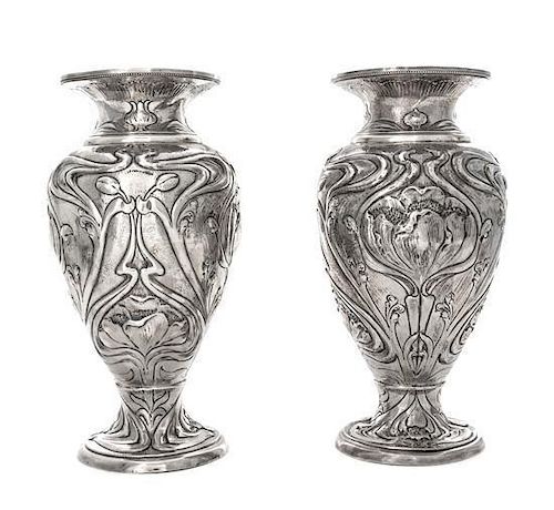 * A Pair of Edwardian Silver Vases, Elkington & Co., Birmingham, 1903, each of baluster form in the Art Nouveau taste, worked