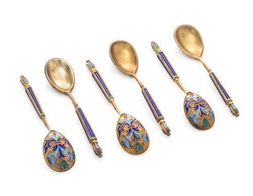 * A Set of Six Russian Silver-Gilt and Enamel Demitasse Spoons, Mark of Mikhail Grachev with Imperial Warrant, St. Petersburg