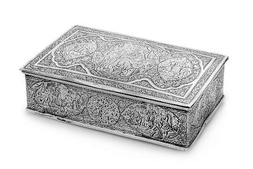 * A Persian Silver Table Casket, , decorated with various cartouches depicting various figures and animals within floral band