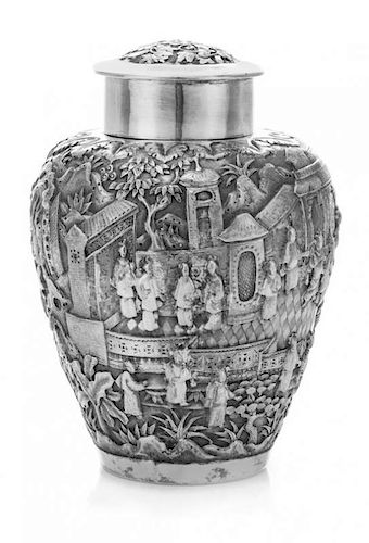 * A Chinese Export Silver Tea Caddy, Hung Chong, Canton, Late 19th/Early 20th Century, of urn form, worked to show figures in