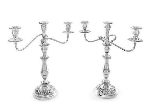 * A Pair of American Silver Three-Light Candelabra, S. Kirk & Son, Baltimore, MD, the central urn form candle cup having a re