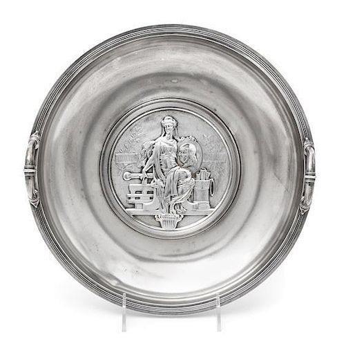 * An American Silver Commemorative Dish, Gorham Mfg. Co., Providence, RI, 1876, the twin-handled circular dish centered with 
