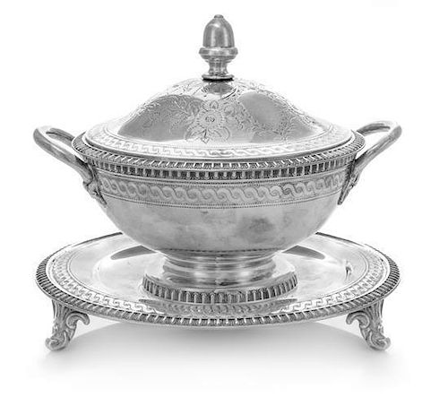 * An American Silver Sauce Tureen and Underplate, Gale & Willis, New York, NY, Circa 1860, the tureen lid decorated with stip