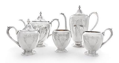 An American Silver Five-Piece Tea and Coffee Service, F.B. Rogers Silver Co., Taunton, MA, comprising a teapot, coffee pot, c