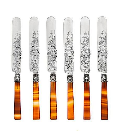 * A Set of Twelve American Silver and Agate-Handled Knives, Starr & Marcus, New York, NY, Circa 1870, comprising twelve desse