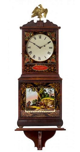 A Federal Mahogany and Eglomise Shelf Clock Height 35 x width 13 x depth 5 1/2 inches.
