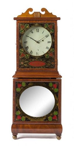 A Federal Mahogany and Eglomise Shelf Clock Height 32 7/8 x width 12 7/8 x depth 5 3/4 inches.