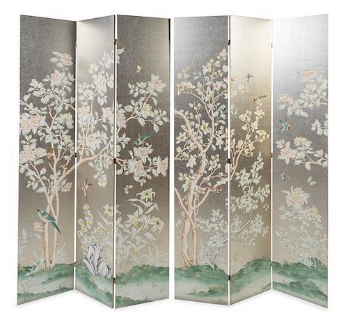 A Pair of Three-Panel Gracie Wallpaper Screens Height 96 x width of each panel 18 inches.