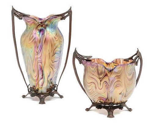 Two Silver-Plate Mounted Iridescent Glass Vases Height of taller 12 3/8 inches.