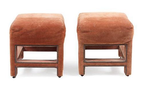 * A Pair of Suede Upholstered Stools Height 28 x width 18 1/4 x depth 16 1/4 inches.