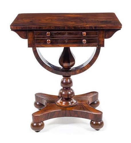 A Regency Rosewood Work Table Height 27 1/2 x width 26 1/4 x depth 19 inches.