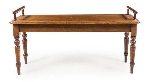 * A Regency Style Mahogany Bench Height 22 1/2 x width 41 3/4 x depth 11 3/4 inches.