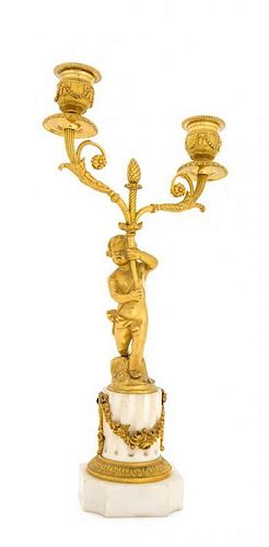 * A Gilt Bronze and Marble Two-Light Candelabrum Height 13 1/2 inches.