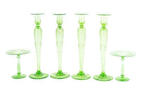 * A Group of Etched Glass Table Articles Height of candlestick 16 inches.