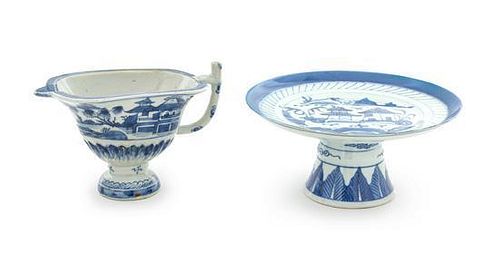 A Canton Blue and White Gravy Boat and Tazza Height of tazza 3 3/4 inches.