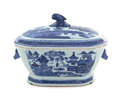 A Canton Blue and White Covered Tureen Height 8 3/4 inches.